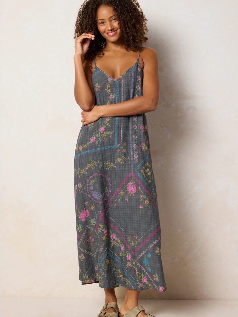 Natural Life Gracie Slip Maxi Dress Size XS Floral Boho Charcoal Charcoal Gray